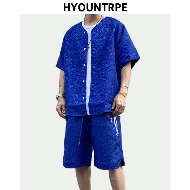 

2 Pieces Sets Men Harajuku Pattern Single Breasted Short Sleeve Baseball Shirts and Drewstring Shorts Joggers Streetwear Sets