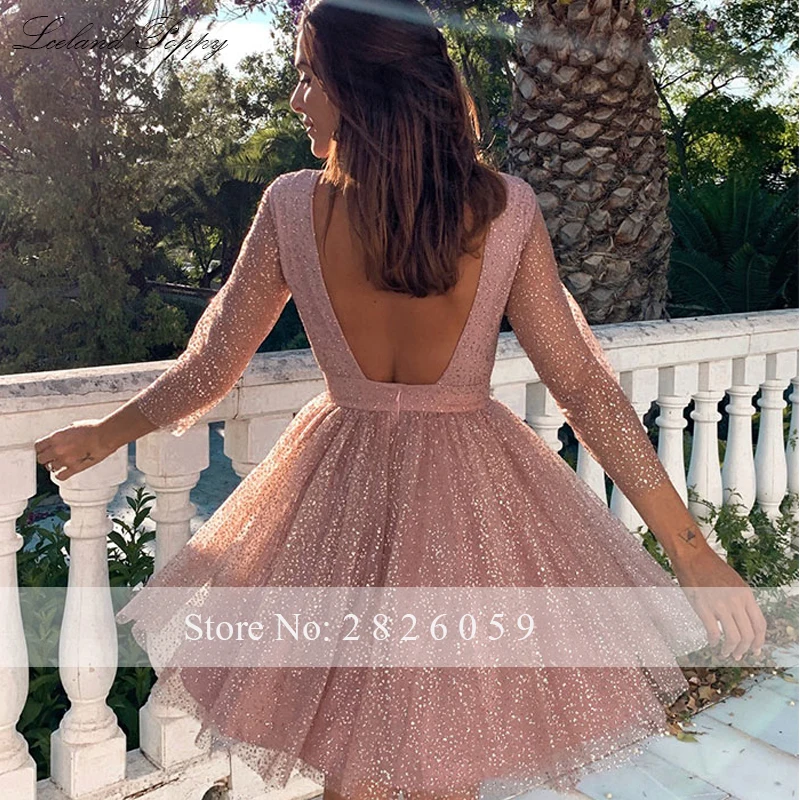 Lceland Poppy A-lijn Korte Prom Dresses Hals Lange Mouwen Shiny Tulle Homecoming Jurken Backless Knie Lengte Prom Jassen