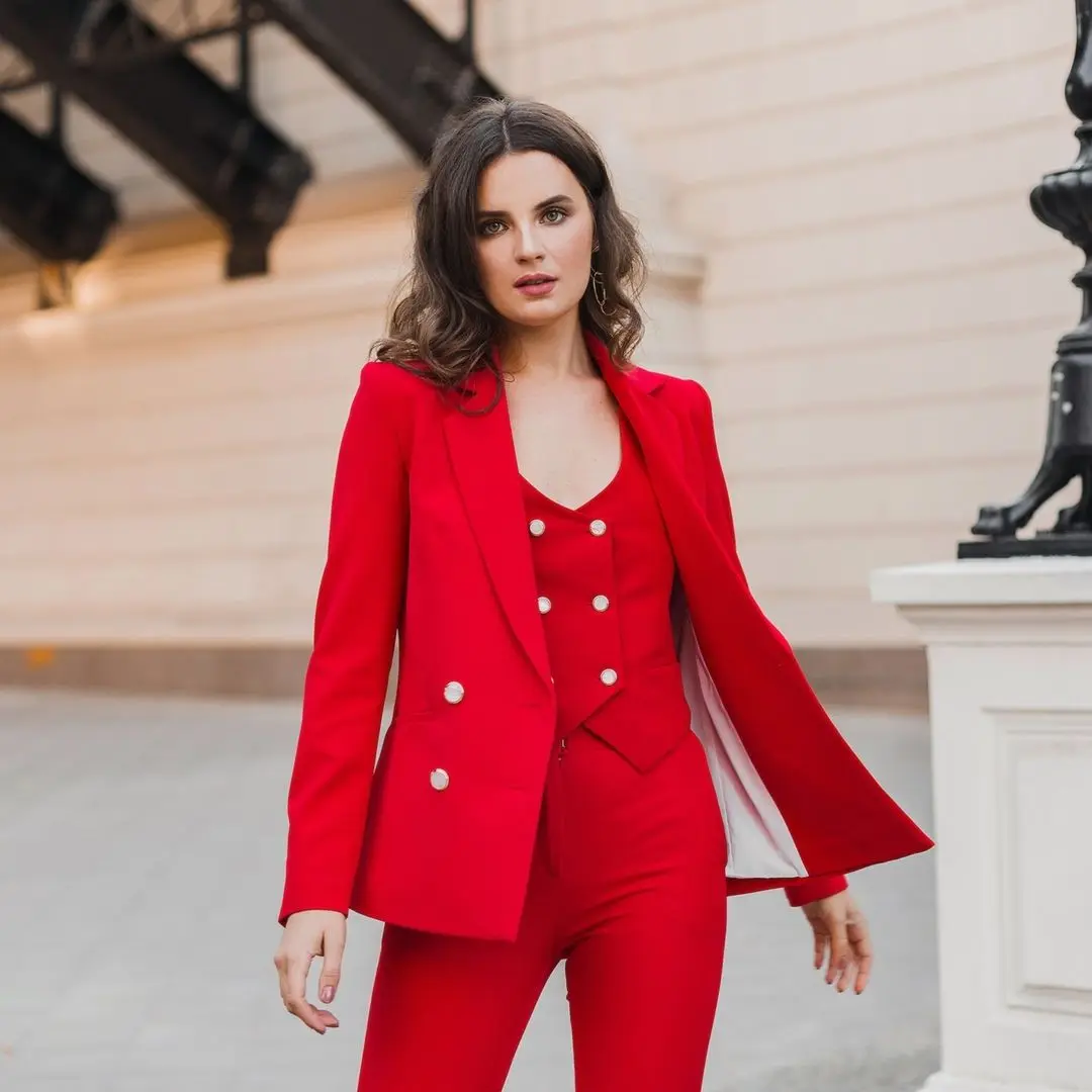 3 Pieces Set  Women Suit Fashion Long Sleeve Jacket Office Lady Casual Custom Made Blazers Female Red Coats