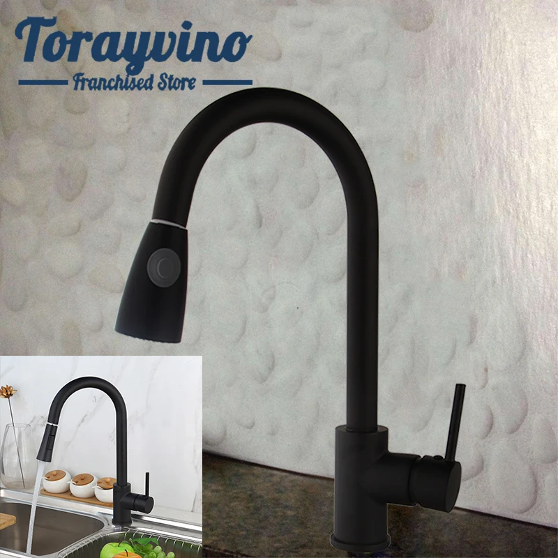 Torayvino kitchen sink faucet 180 rotate pull out Torneira black painting brass faucets deck mounted hot & cold mixer faucets