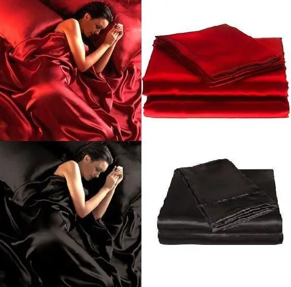 

95gsm 4 Pce Satin Silky Soft QUEEN Bed Fitted Bed Sheet Set - RED BLACK 10