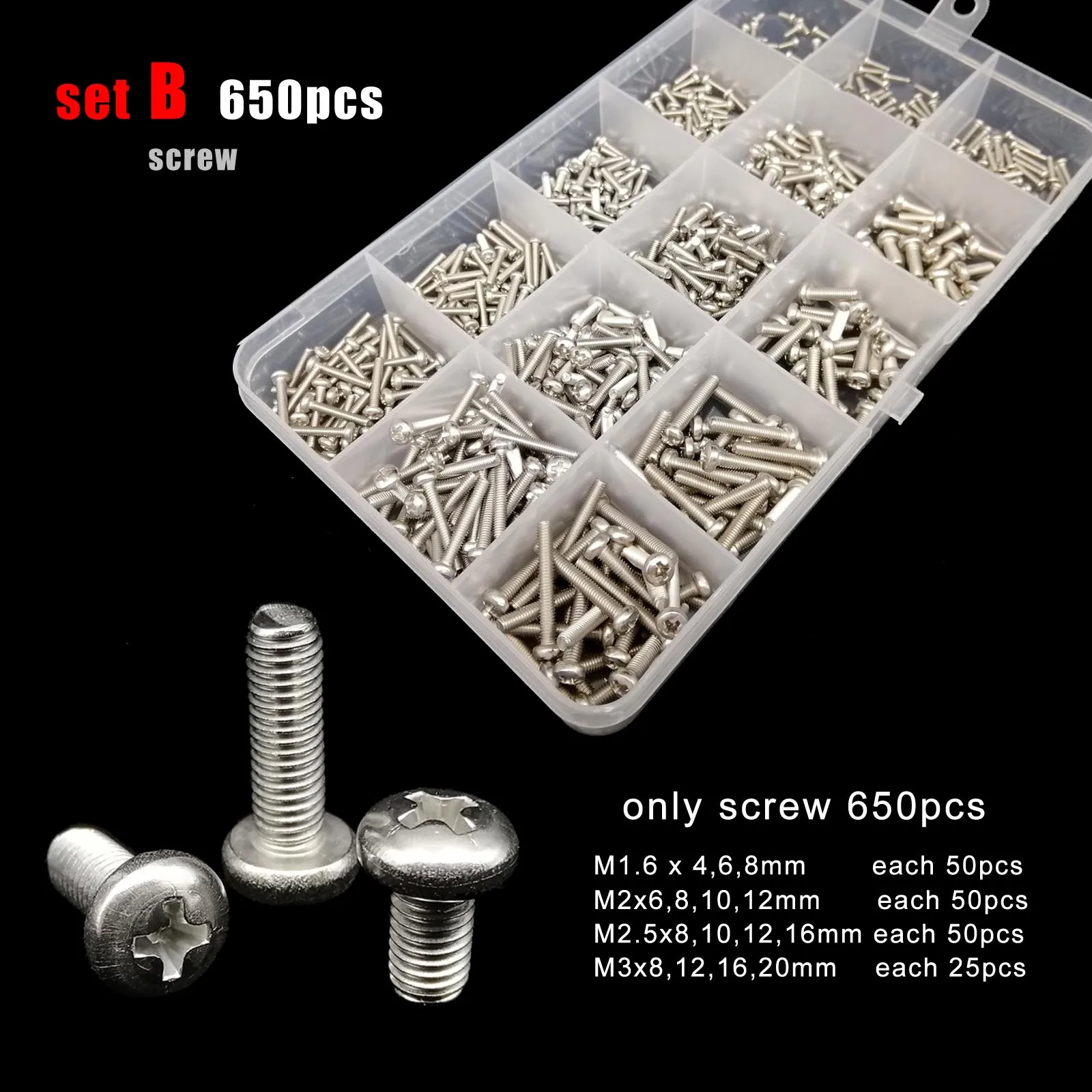 400/2100pc M1.6 M2 M2.5 M3 M4 M5 304 A2 Stainless Steel Mix Size Cross Phillips Pan Round Head Screw Bolt Nut Washer Set Kit Box