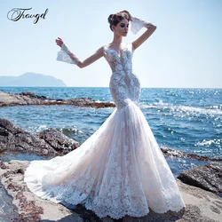 Traugel Vestidos De Novia Long Flare Sleeve Lace Mermaid Wedding Dresses Sexy Backless Applique Court Train Trumpet Bridal Gown