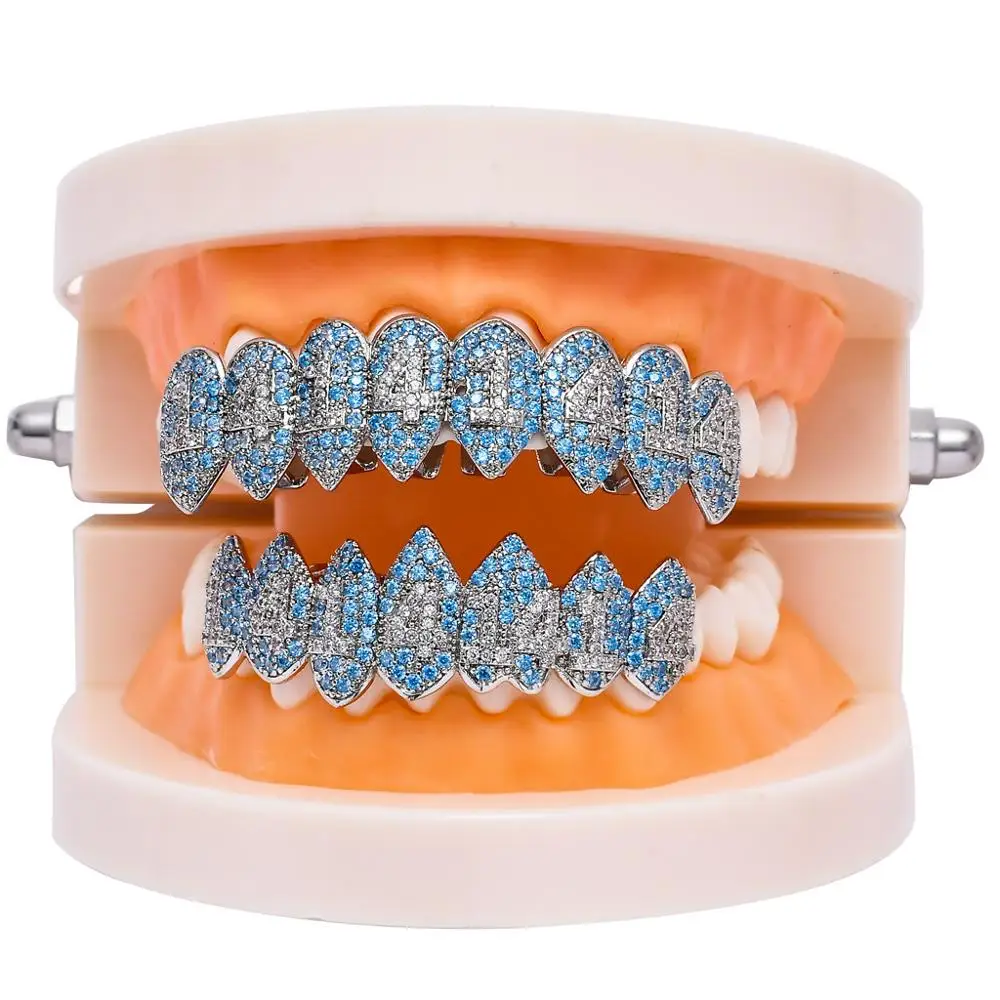 Grelha de dentes zircônia cúbica, conjunto de dentes dourados masculinos de rapper, hip hop micro pave zircônia cúbica brilhante, fang 1414, joia de grelha com fundo superior