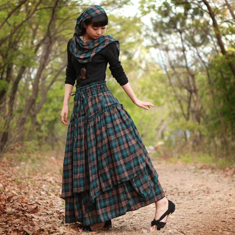 Women\'s Asymmetrical  Casual, 100% Cotton Plaid Grid Pleated Asymmetrical Female Plus Size6XL 7XL 8XL XXXXL Maxi Long Skirts