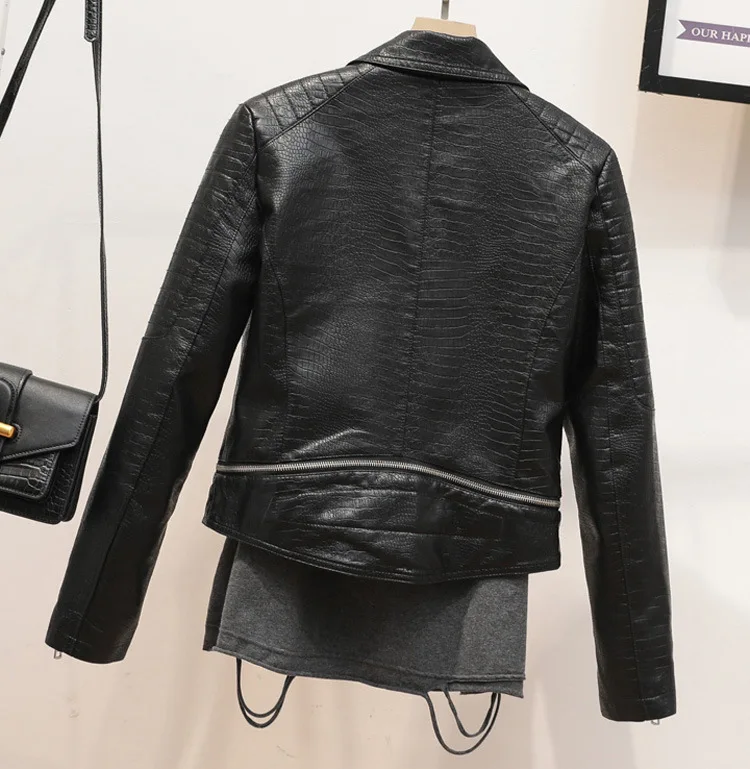 Veste en Faux cuir pour femme, manteau de motard court, Texture peau de Crocodile, avec ourlet détachable, 2021