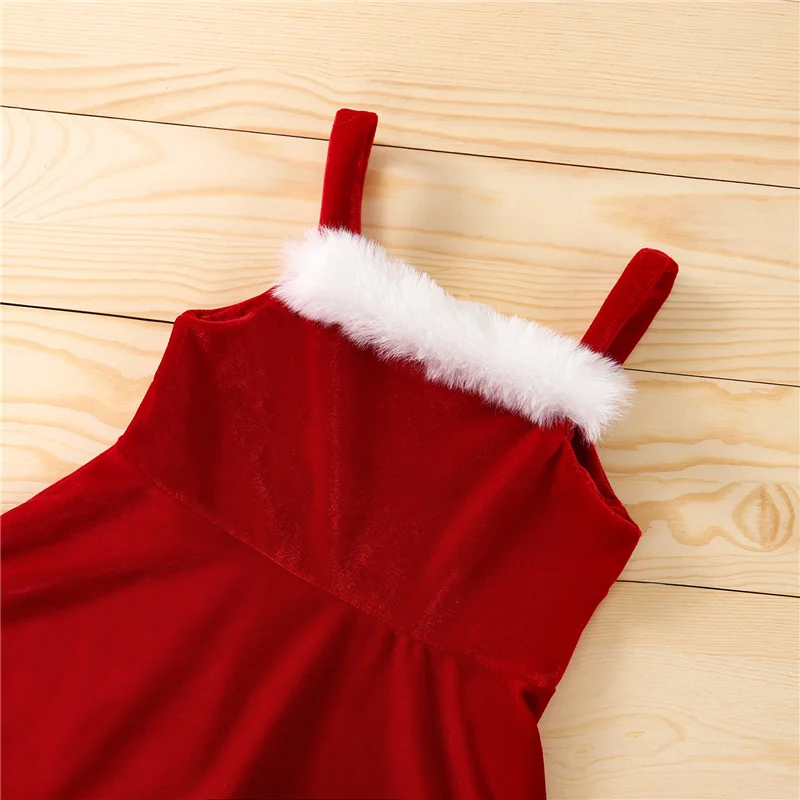 Christmas Baby Girls Velvet Stitchinge Dress Solid Square Collar Suspender Skirt Party Pageant Santa Dresses with Hat, 18M-6Y