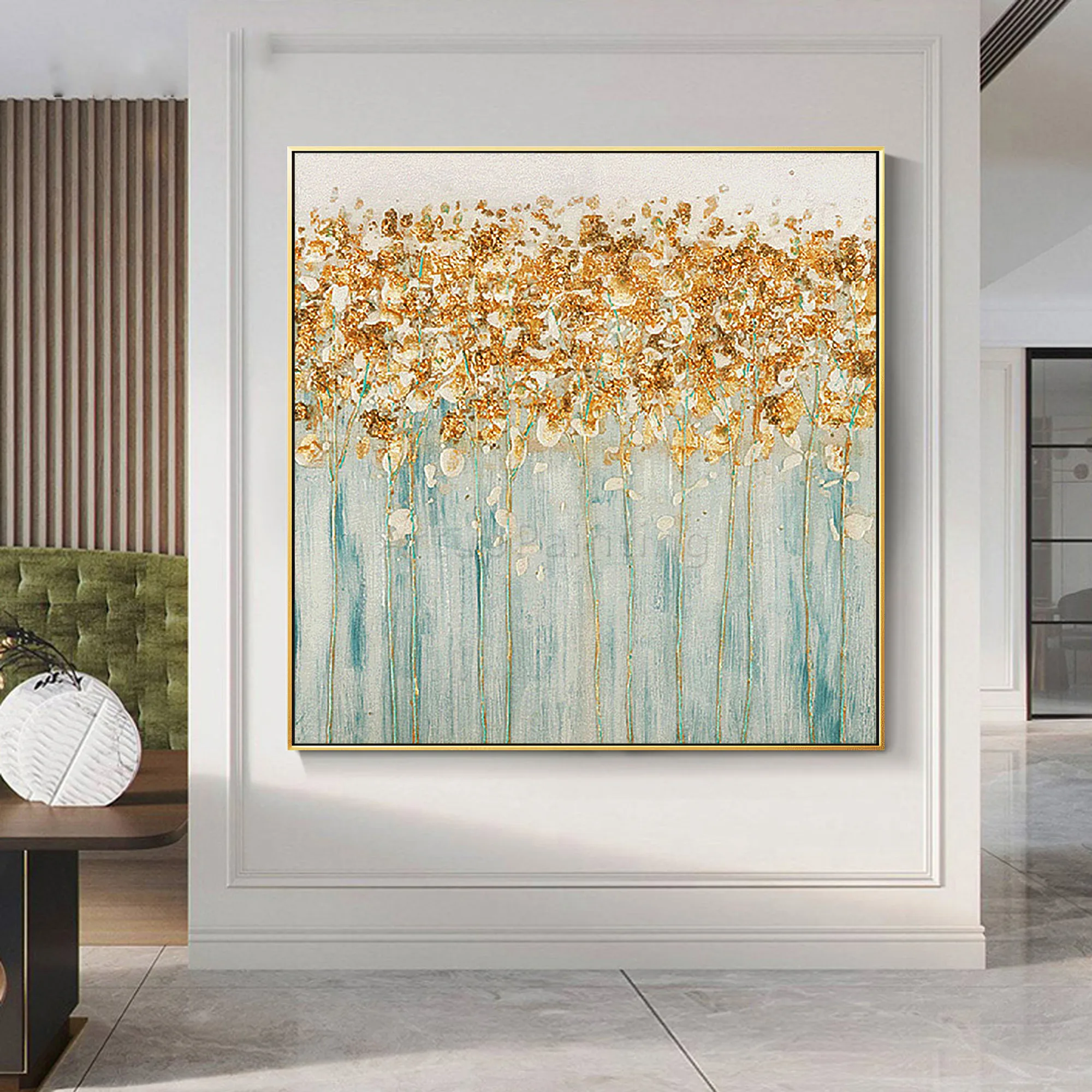 

Original Large Acrylic heavy texture Modern Abstract gold tree flower canvas oil painting wall art picture bedroom Home decor