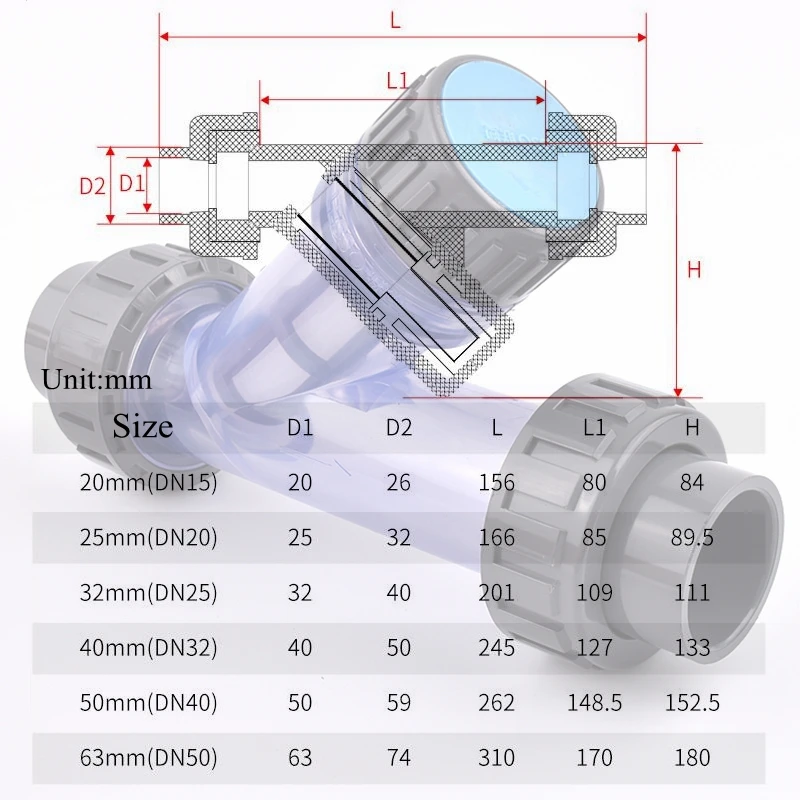 I.D 20~63mm Transparent UPVC Y-Type Filter Aquarium Fish Tank PVC Pipe Connector Irrigation Filters Garden Watering Tube Joints