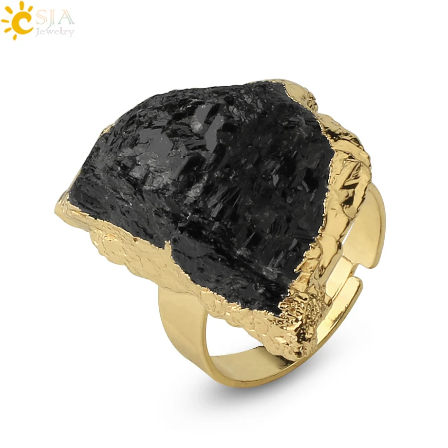 CSJA Natural Stone Gold-color Adjustable Ring Irregular Black Tourmaline Blue Crystal Finger Rings for Women Trendy Jewelry G337