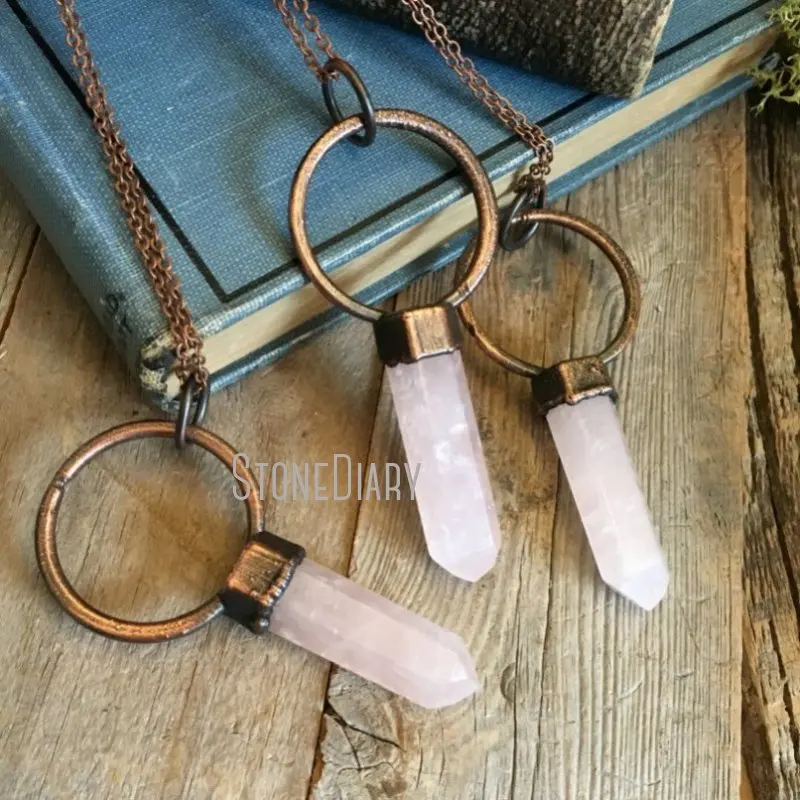 

NM35282 Rose Quartz Pendant Electroformed Crystal Necklace Pink Crystal Necklace Healing Crystal Jewelry Gypsy Necklace Boho