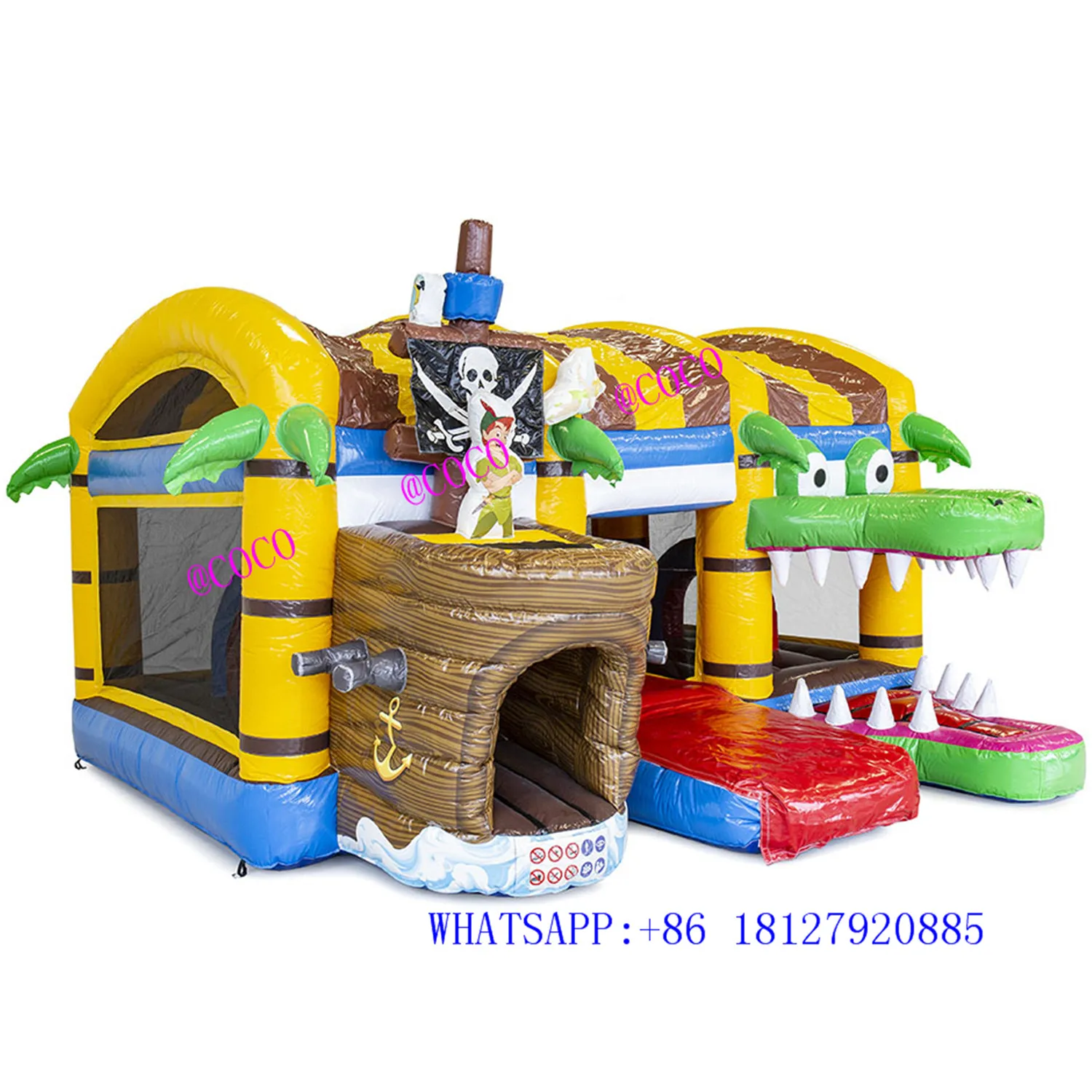 free air ship to door, 5x5m crocodile pirate ship combo inflatable bouncer jumping bouncy castle bounce house with slide