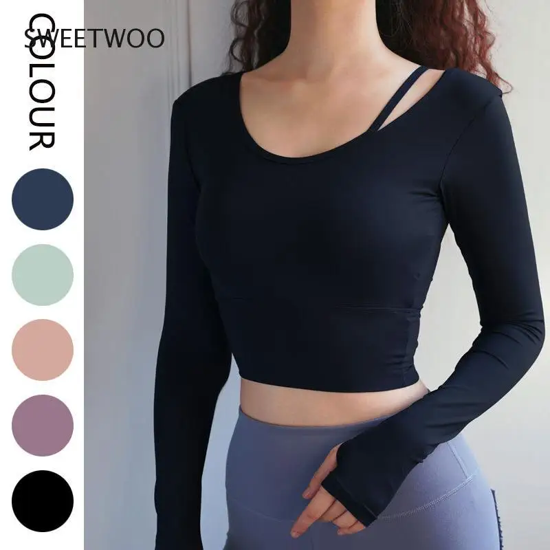 

Long Sleeve Yoga Shirt Crop Tops Women Shoulder Strap Workout Tops Fitness Running Sport T-Shirts Training Sportswear