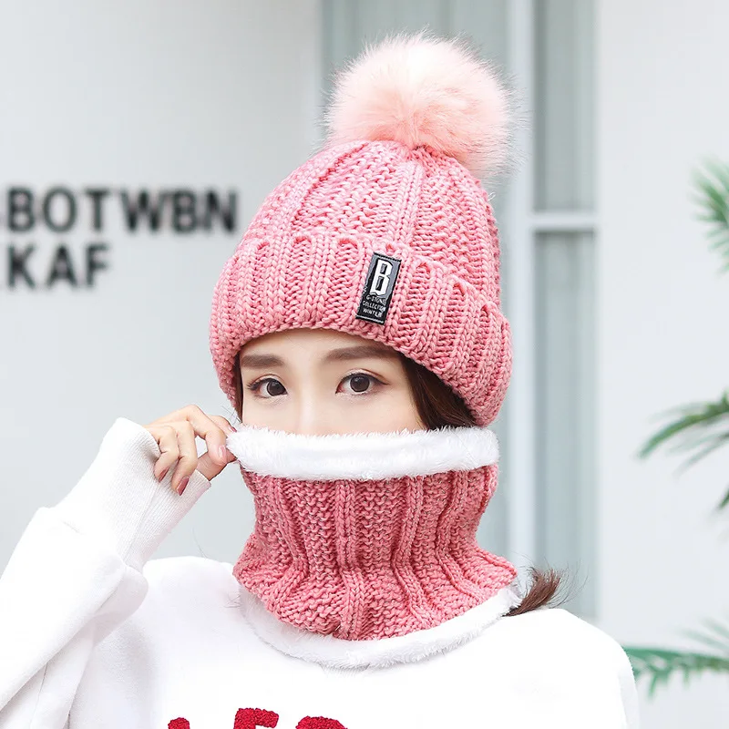 

Brand Winter knitted Beanies Hats Women Thick Warm Beanie Skullies Hat Female knit Letter Bonnet Beanie Caps Outdoor Riding Set