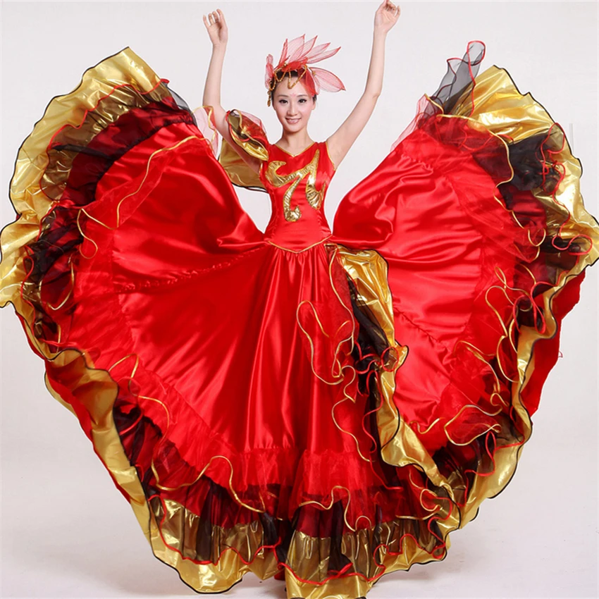 Women Spain Dress Flamenco Skirts Dance Costumes Spanish Gypsy Skirt Bigdance Flower Chorus Stage Performance Wear for Woman