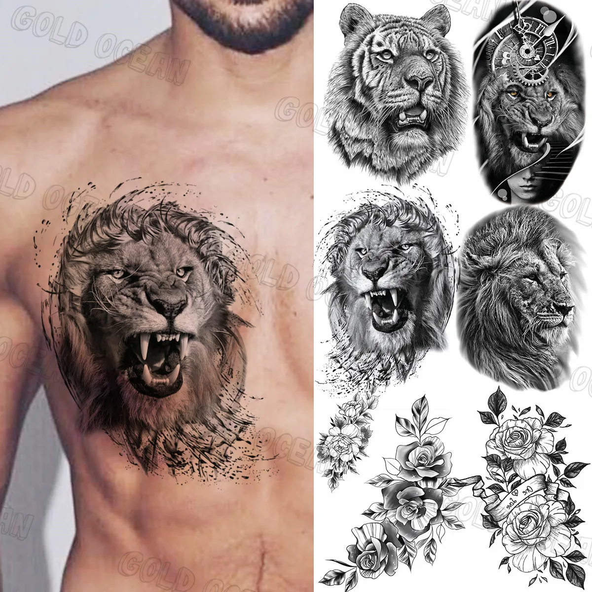 Large Lion Waterproof Temporary Tattoos For Men Women Realistic Tiger Compass Peony Dahlia Fake Tattoo Sticker Chest Arm Tatoos