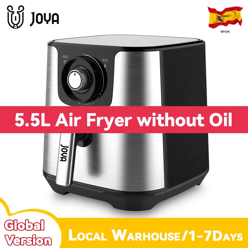 JOYA 5.5L Air Fryer without Oil Stainless Steel 360° Deep Air Oven Knob Control Oil-free Frying Machine with Nonstick Basket