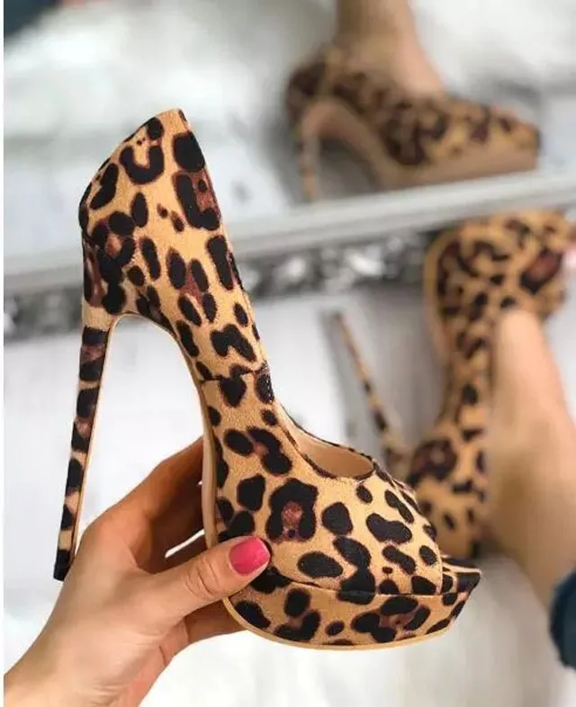 Sexy Leopard Peep toe Platform High Heel Pumps Female Ultra High Thin Heels Slip on zapatos Tacon Evening Prom Shoes