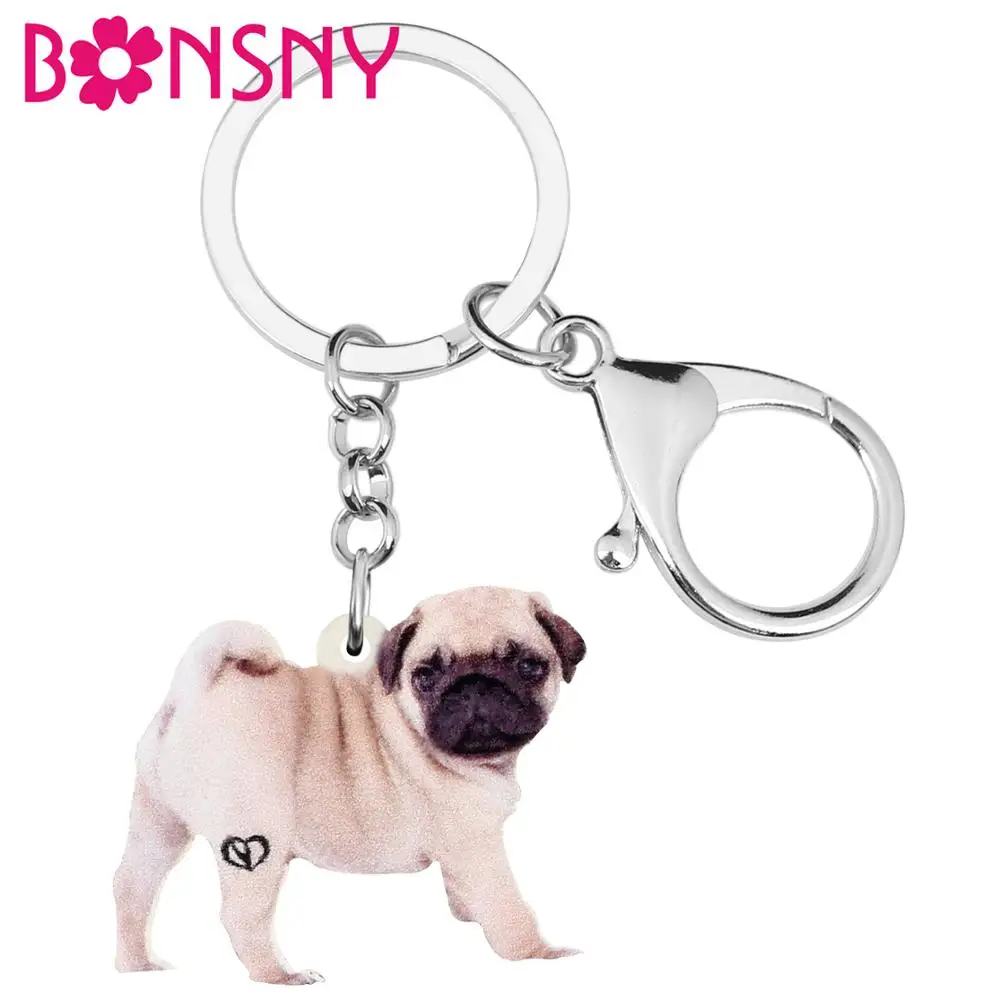 Bonsny Acrylic Cute Pug Dog Keychains Pet Animal Keyring Jewelry For Women Kids Girls Trendy Birthday Gift Charms Bag Decoration