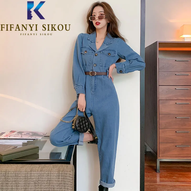 

Denim Overalls Women High Waist Cargo Pants Belt Lapel Fashion Loose Jumpsuit Jeans Autumn Casual Long Sleeve Romper Female