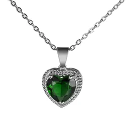 Trendy Green Heart Shape Crystal silver color Pendant Necklace for Women Engagement Fashion Wedding Jewelry