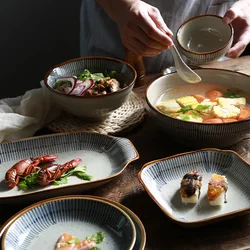 LingAo-Japanese Style Retro Hand-painted Ceramic Tableware, Hotel, Restaurant, Sushi Plate, Chopsticks, Spoon, Bowl Set