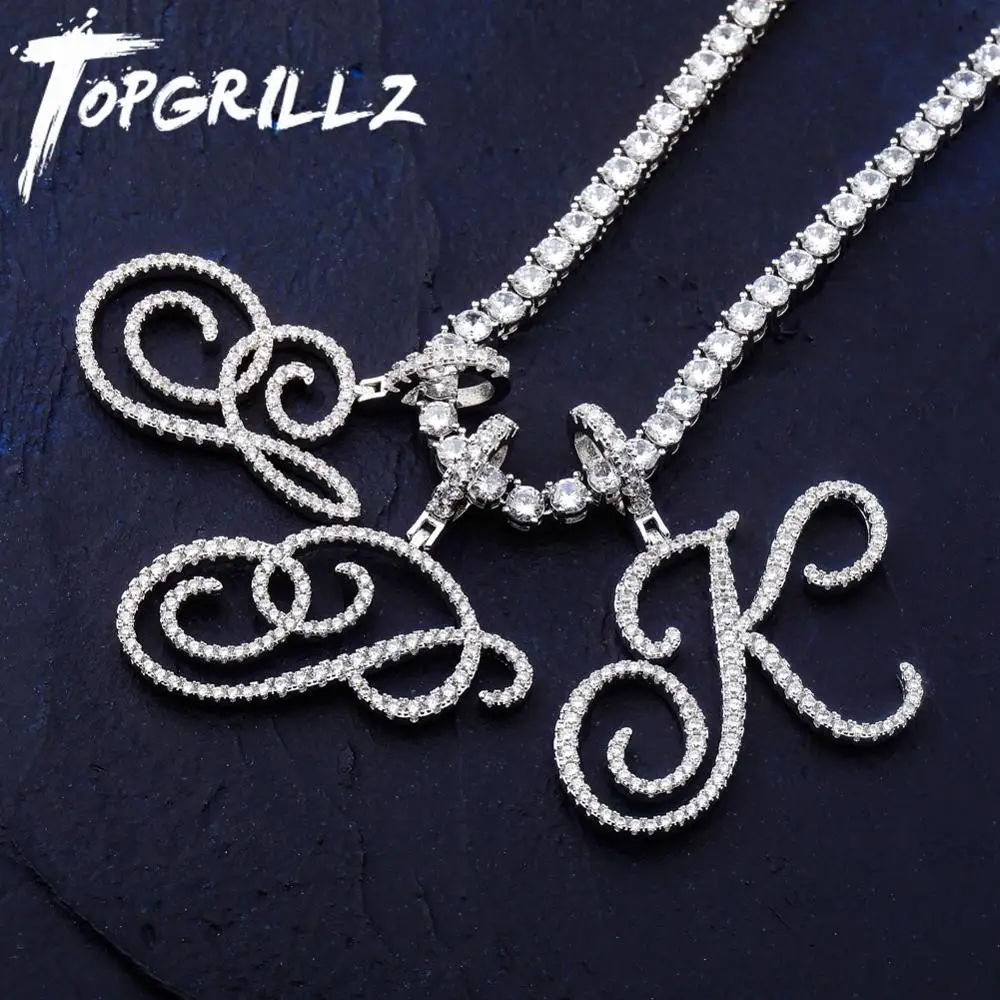 

TOPGRILLZ New Fashion A-Z Cursive Letters Name Pendant Iced Out Cubic Zircon Hip Hop Jewelry Gift With 4mm Tennis Chain