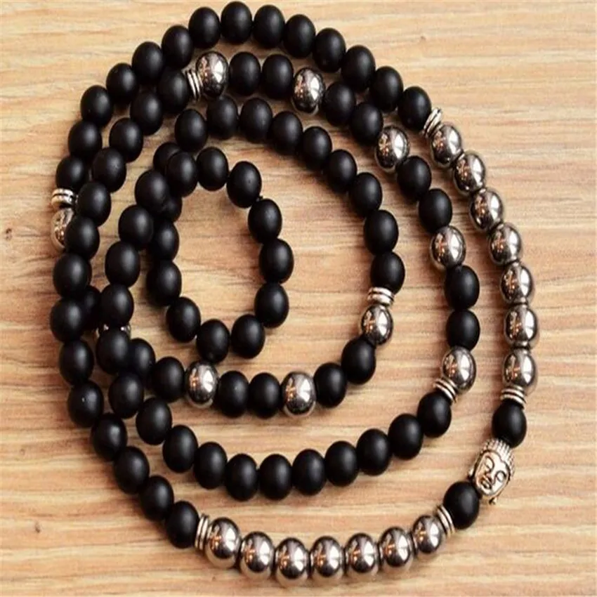 

8mm Black Onyx Gemstone Hematite 108 Beads Mala Bracelet Bless natural yoga spirituality Healing Sutra cuff Meditation Chakra