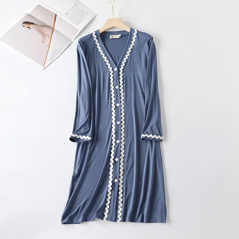 Spring Autumn Modal Nightdress Cardigan Lace Long Sleeve Mid Length Dress Outer Wear Home Clothes Women\'s Nightwear Nightgowns