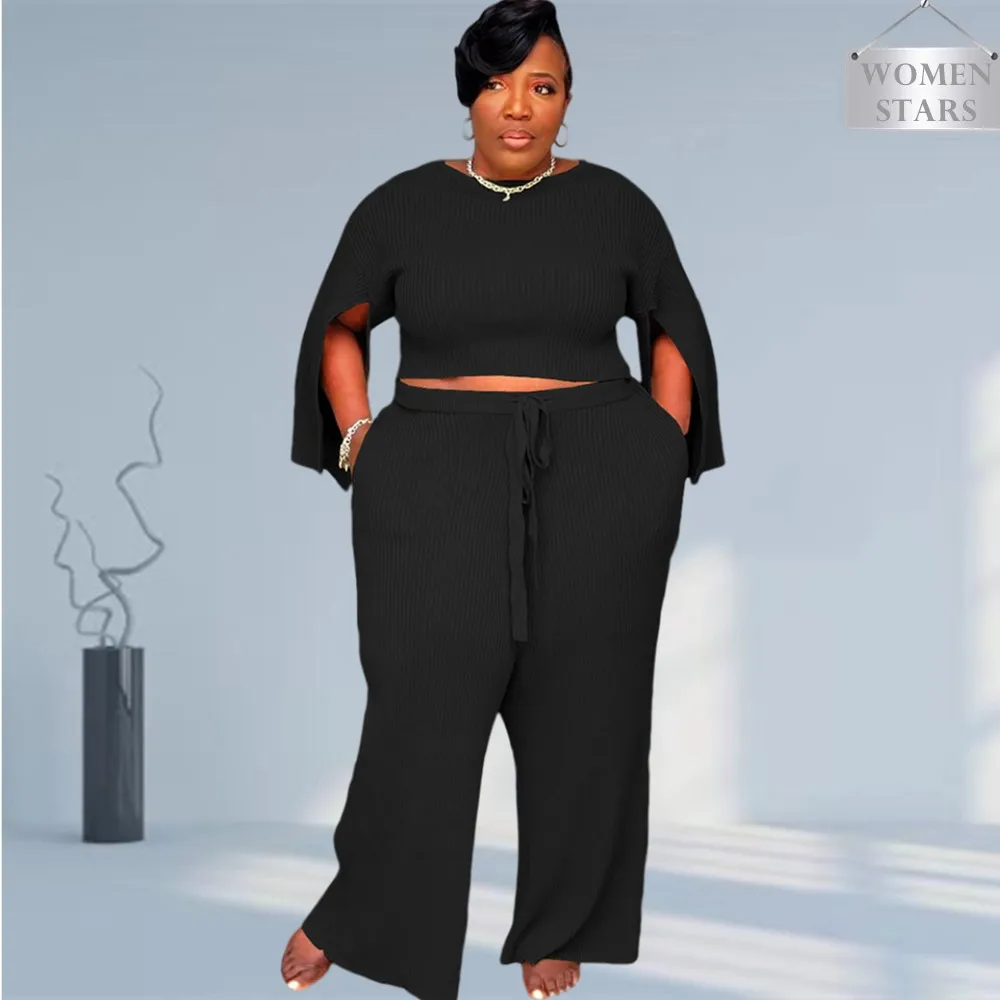 New Plus Size Women Clothing Two Piece Set Casual Slip Sleeve Ribbing Super Stretch Elegant Pants Sets Wholesale Dropshipping