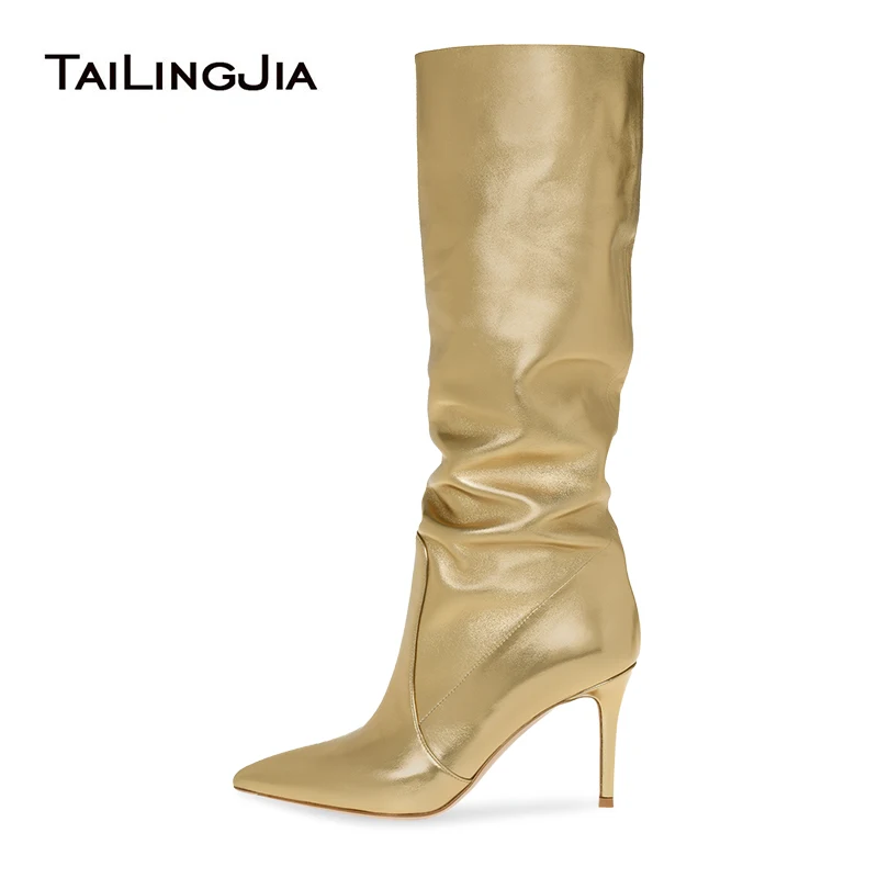 Gold Knee High Boots Slouch Silver Slouchy Long Boots Women Shoes Woman Winter 2021 High Heel Fashion Ladies Slip On Tall Boot