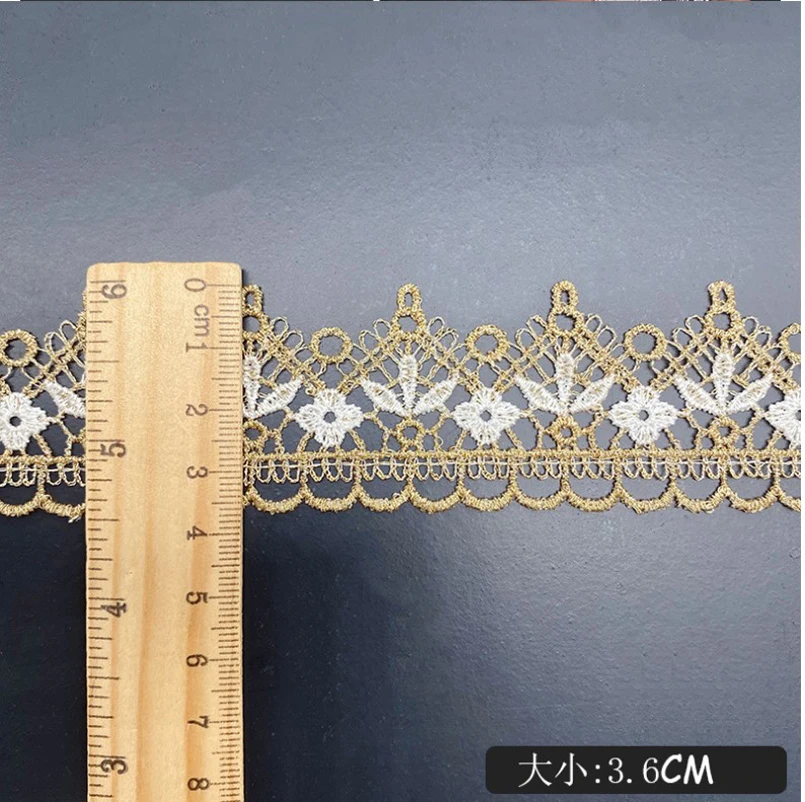 5Yds 3.6cm Wide Golden Wavy Edge Black,White Flower Fabric Diy Wedding Gold Thread Embroidery Lace Accessories Doll Dress,Bra,