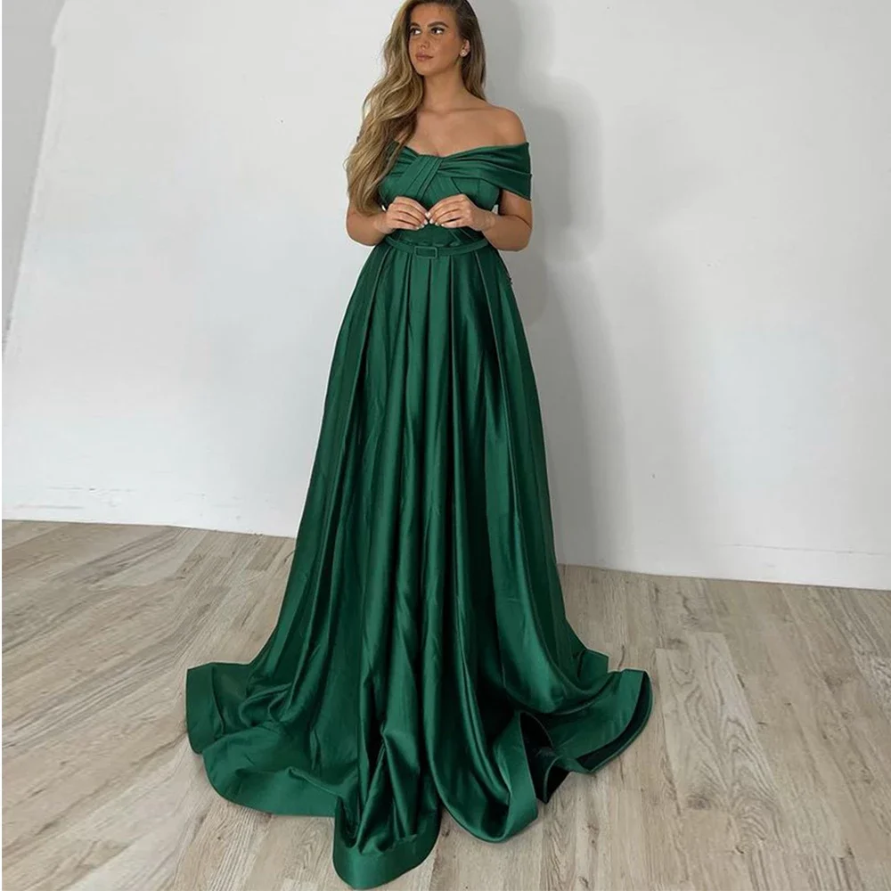 Green Satin A Line Evening Dresses 2022 Short Sleeves Pleats Lace Up Back Prom Gown Long Party Event Dress Vestidos De Fiesta