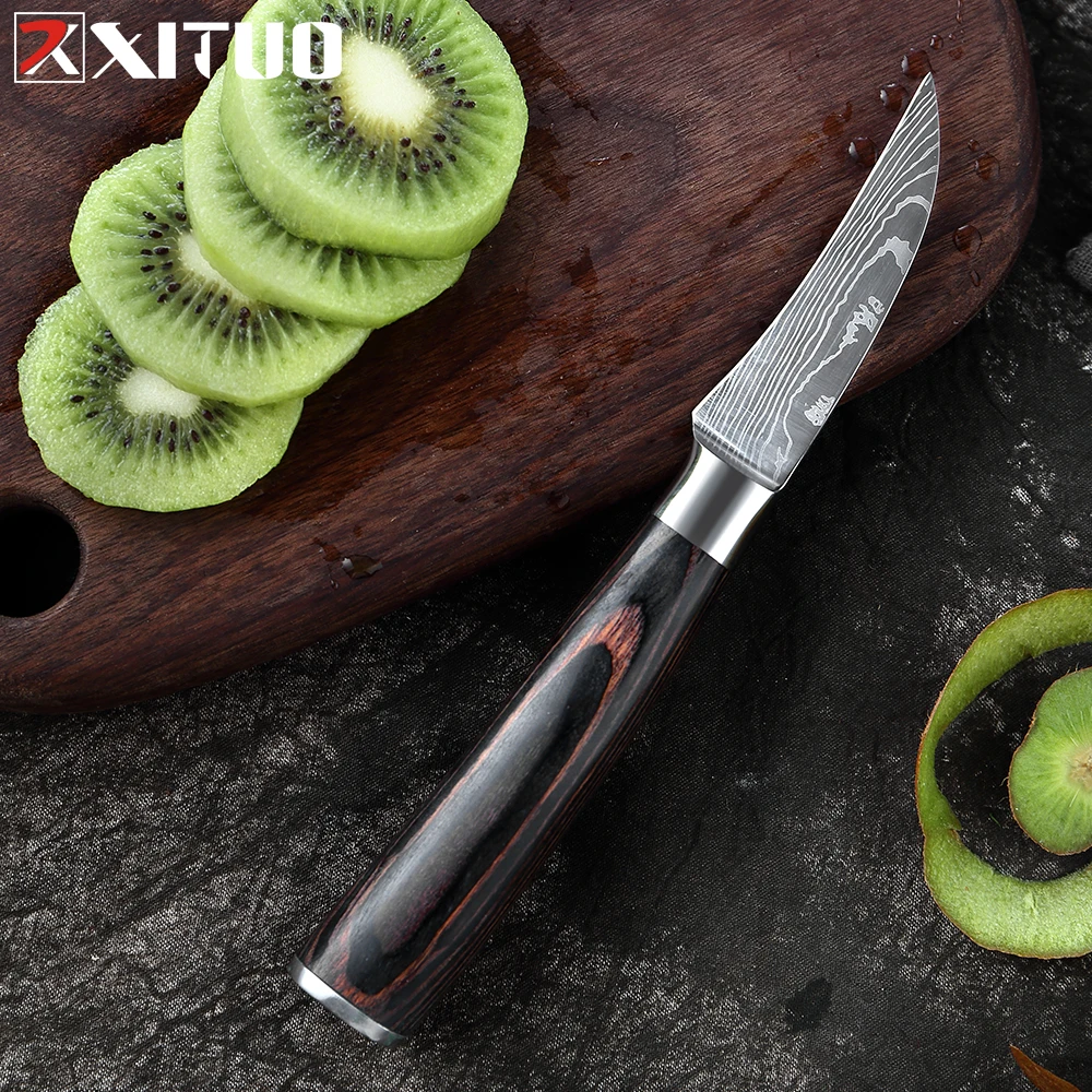 XITUO 3.5 Inch Bếp Điện Dao Trái Cây 7Cr173 Thép Không Gỉ Laser Damascus Hoa Văn Màu Gỗ Tay Cầm Dao Nhà Bếp