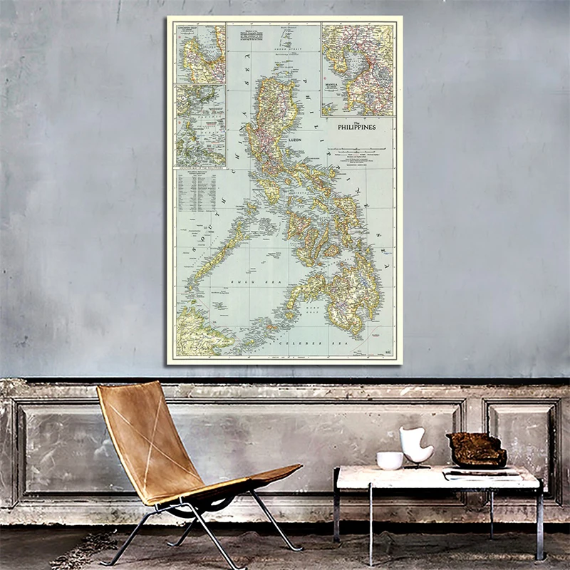 5*7ft World Map Philippines(1945) Retro Art Paper Painting Home Decor Wall Poster Student Stationery School Office Supplies