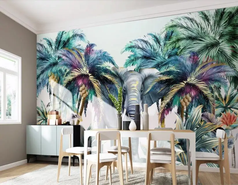 

3D photo wallpaper Forest animal, tropical plant, elephant, coconut tree wallpaper custom 3d mural wall