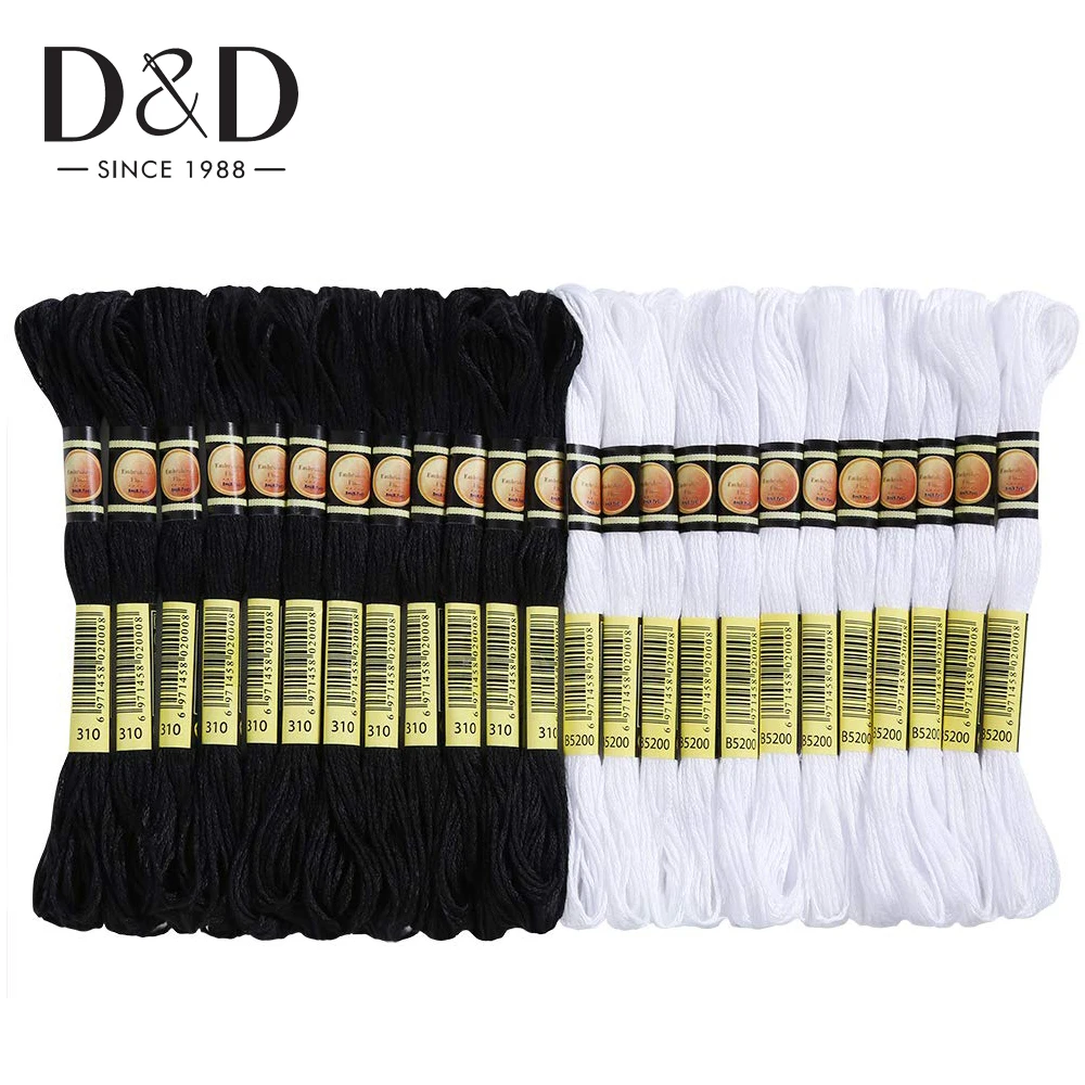 24Pcs White Black Floss Craft Embroidery Thread Cross Stitch Cotton Sewing Skeins Embroidery Thread Floss Kits DIY Sewing Tools