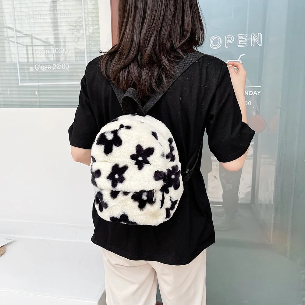 Cow Zebra Print School Bags For Women 2021 New Winter INS Flower Plush Mini Backpack Female Casual Warm Fur Shoulder Bag