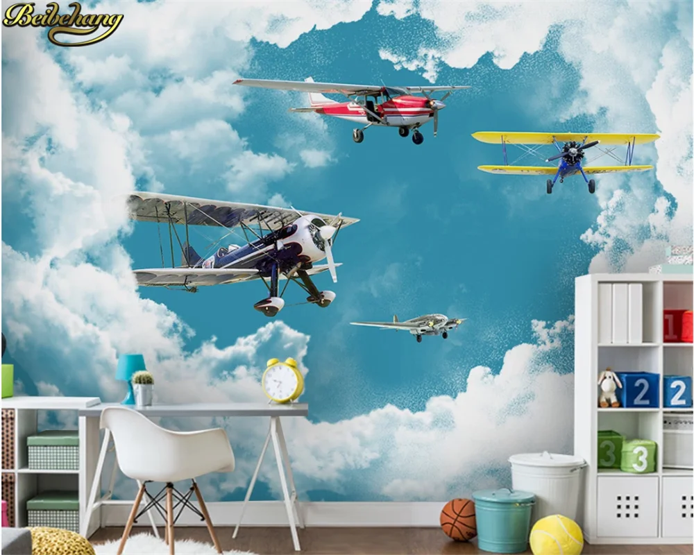 

beibehang Custom wallpaper mural modern minimalist mediterranean blue sky white cloud airplane children's room background wall