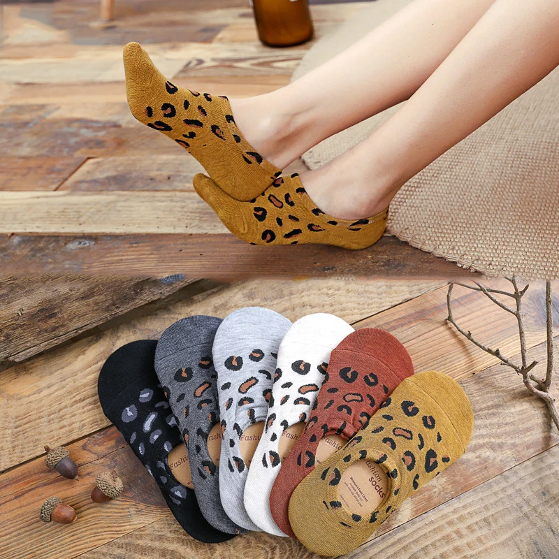 

New Leopard Print Women Boat Socks Summer Thin Invisible Socks Silicone Non-slip Cotton Socks Fashion Shallow Mouth Socks 5 Pair