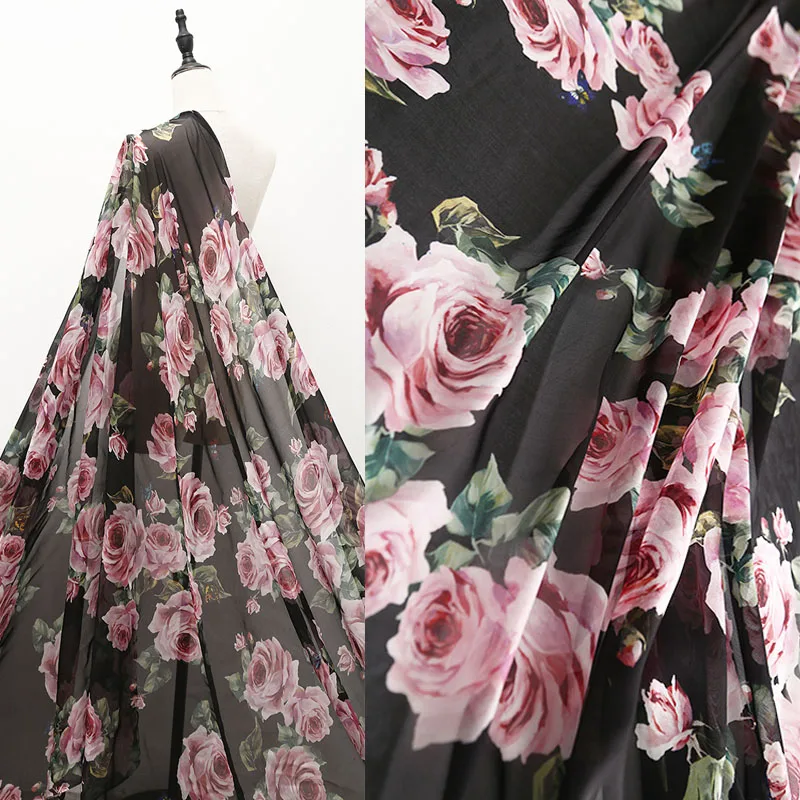 145cm Width Romantic Roses Butterfly Printed Thin Transparent Chiffon Fabric for Woman Girl Summer Long Dress DIY Sewing