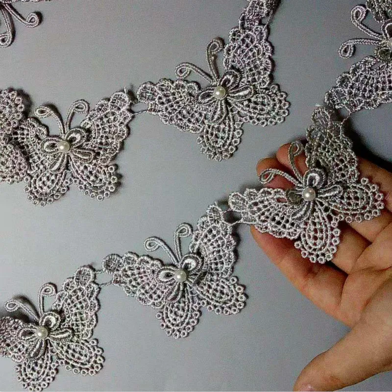 1 yard Gray Butterfly Flower Soluble Organza Lace Trim Wedding Embroidered Handmade Patchwork Ribbon Sewing Supplies Craft