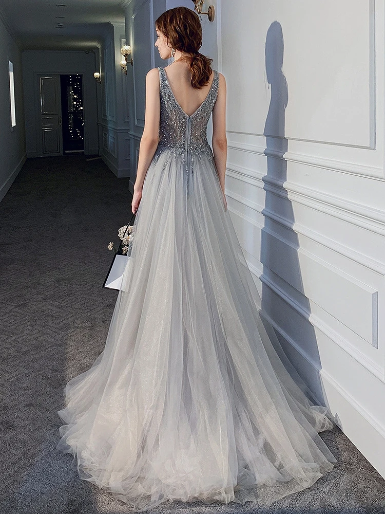 Luxury Gary Blue Evening Dresses V-Neck Lace Beading Sequined Backless Split Sleeveless Long Wedding Formal Party Prom Gowns New image 4