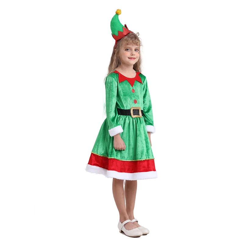 Santa Elf Costume With Hat Headband Green Santa Elf Dress Kids Girls Christmas Party Outfit Fairy Elf Clothing