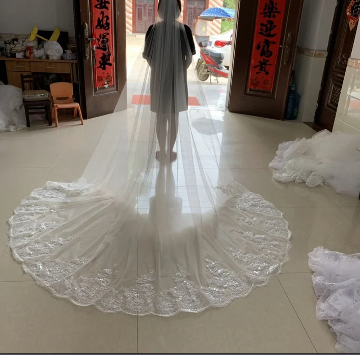 Wedding veil White Ivory Cathedral Wedding Veils Long Lace Edge Bridal Veil with Comb Wedding Accessories Bride Veu