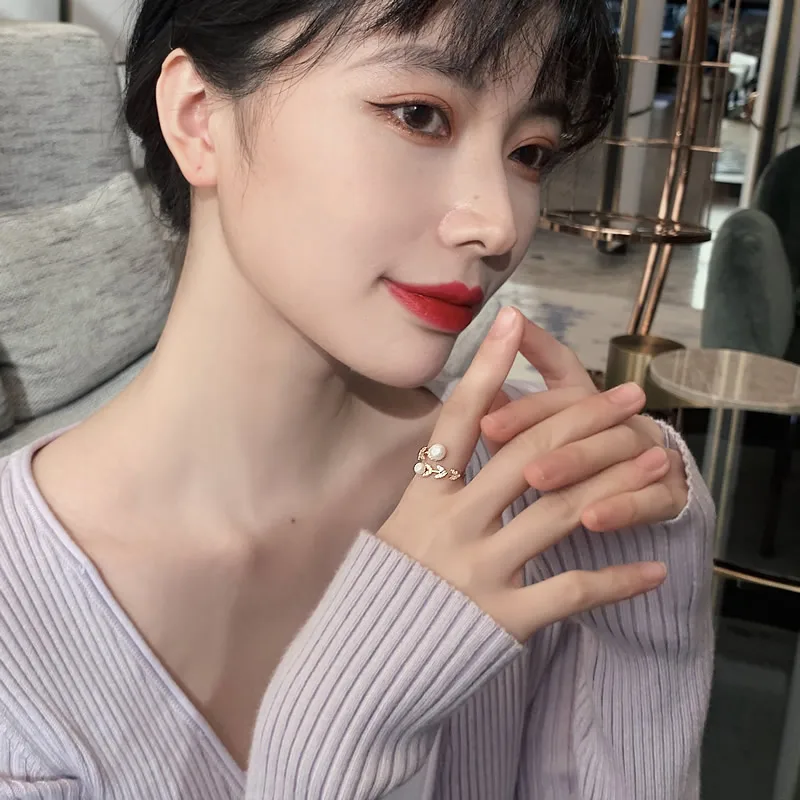 14K Real Gold Plating Korean New Design Fashion Jewelry Wheat Ear Leaf Bead Ring Elegant Women\'s Opening Adjustable Accessories