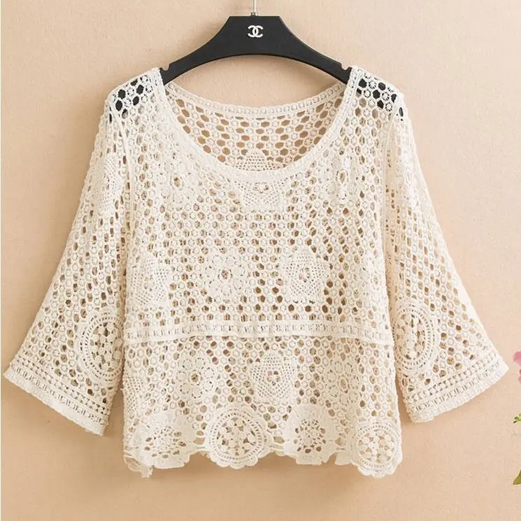 Pullover summer short hedging knitted hollow flower small outer super fairy all-match lace top