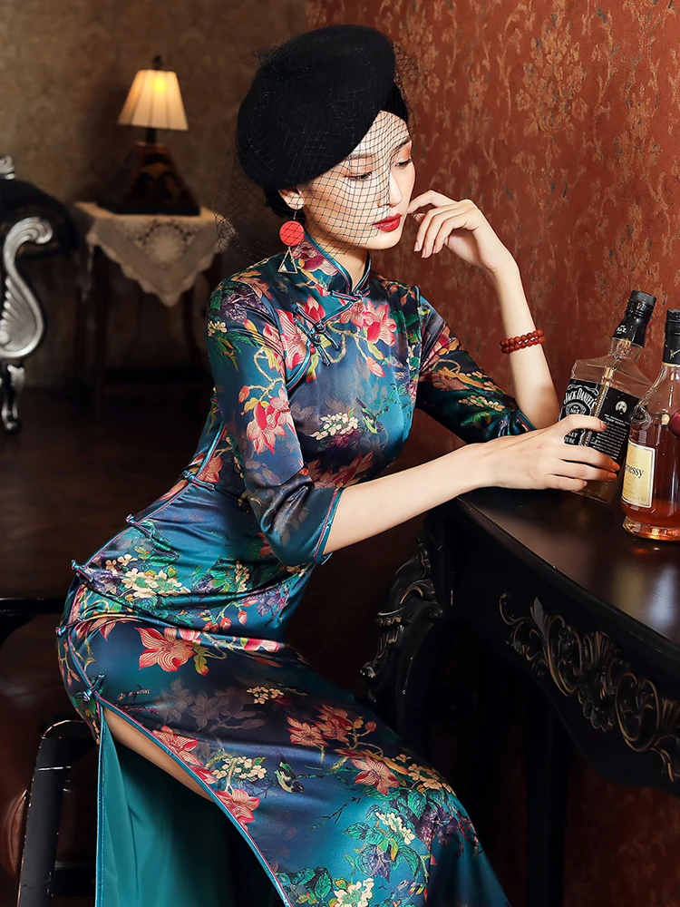 Chinese Dress Silk Green Customized Qipao Evening Dresses Printed Cheongsam Dress Traditional Retro Medium LongSleeve Cheongsams