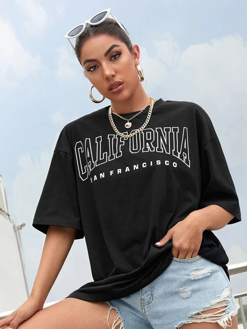 PUDO California San Francisco Letter Print Women Tumblr Cute Tee Graphic Tops Summer Y2K Streetwear Oversized T Shirt