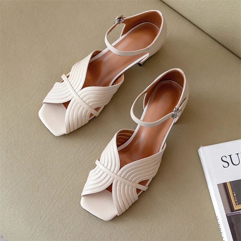 Meotina Summer Sandals Shoes Women Natural Genuine Leather Thick Heel Ankle Strap Shoes Real Leather Buckle Sandals Ladies 33-40